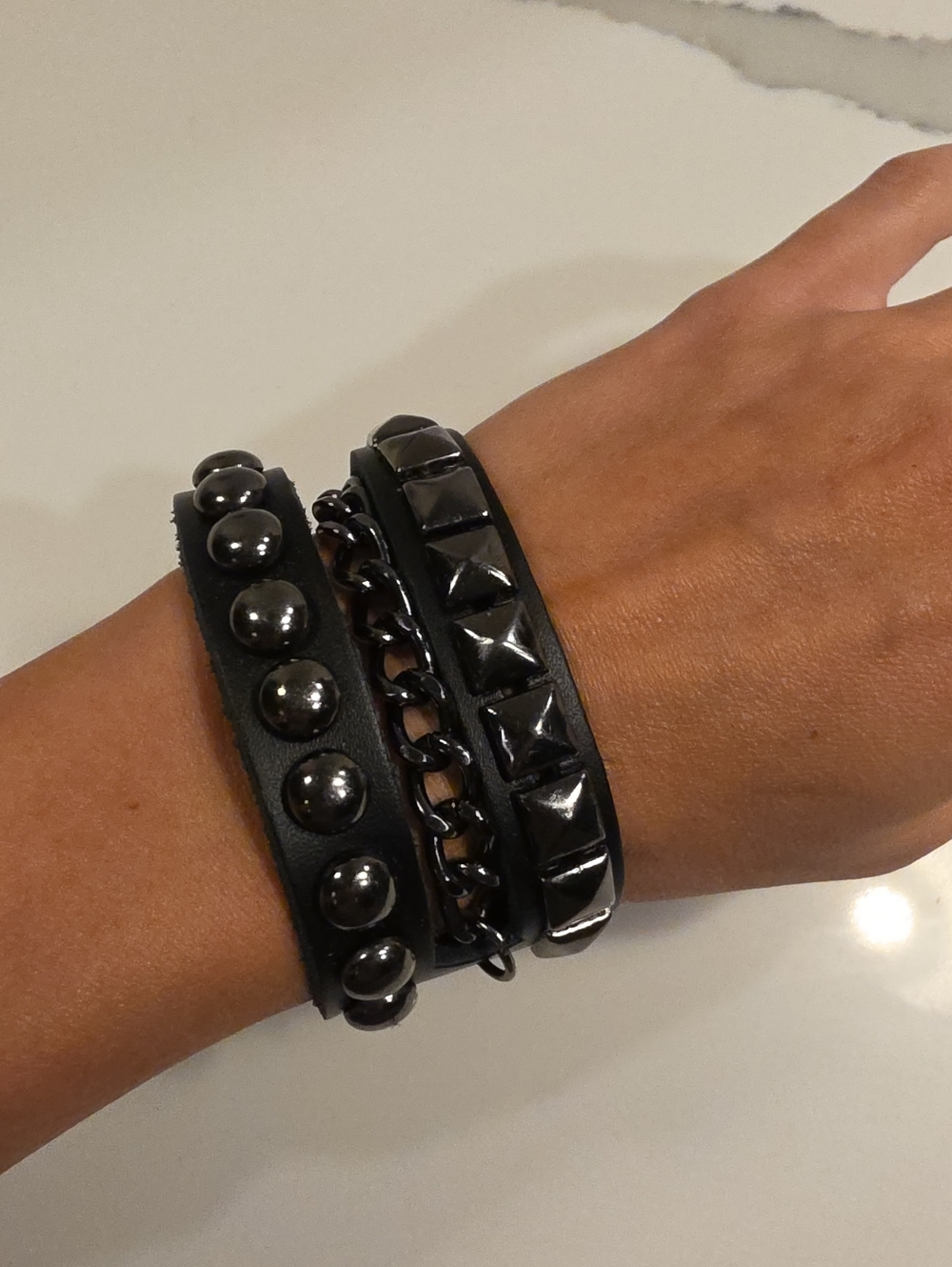 Black Studded & Chain Leather Bracelet Set